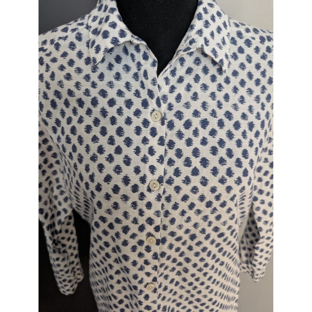 Hester & Orchard White & Blue Polka Dot Linen Blend Button-Up Shirt - Small - Picture 2 of 10
